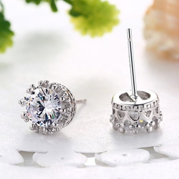 925 Sterling Silver Diamond Crown Stud Earrings - Picture 5 of 7